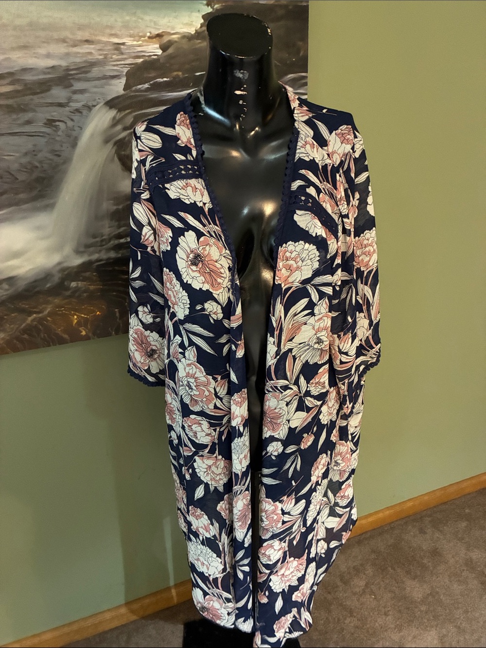 Floral Navy Kimono Cover-Up with Pink Blooms